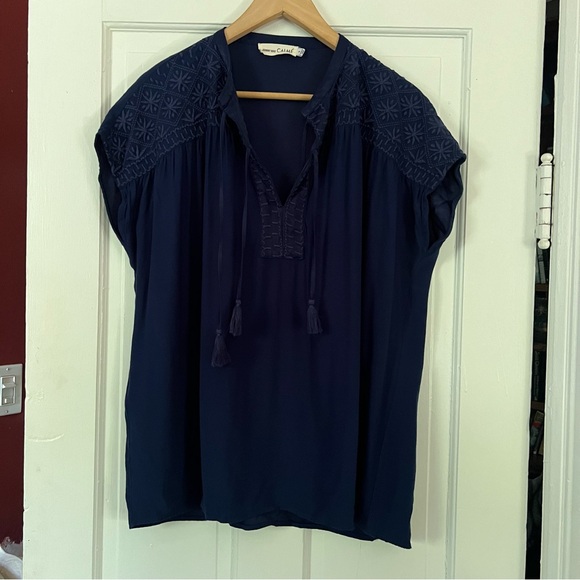 JOHNNY WAS CALMÉ Blue Short Sleeve Peasant Top with Tassels Size Small - Picture 3 of 10